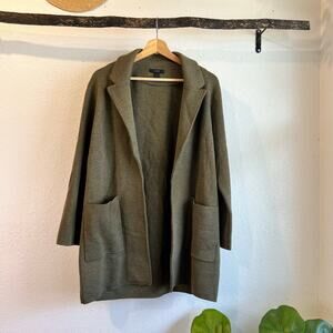 J. Crew Green Woven 100% Merino Wool Open Style Long Blazer Cardigan Size Large